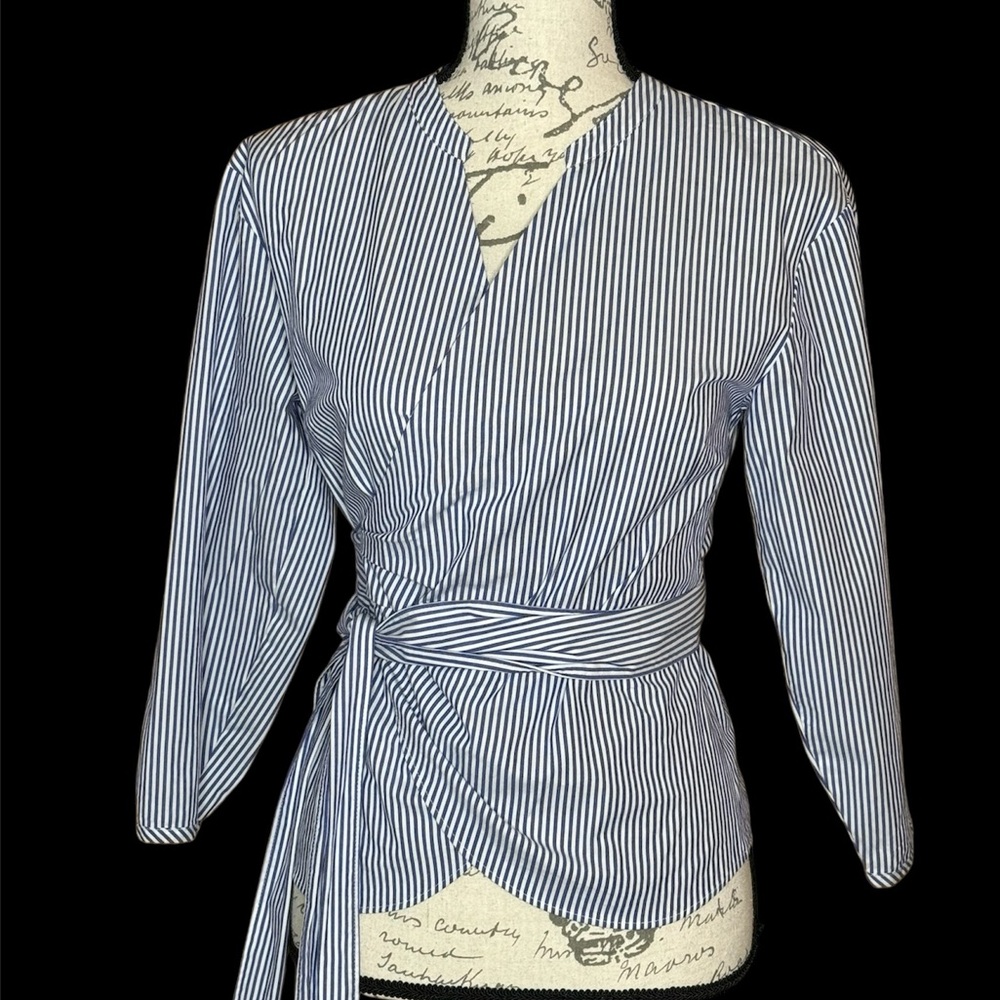 J.CREW Wrap Top Shirt Crisp Cotton Long Sleeve Blue White Pinstripes Women’s SP